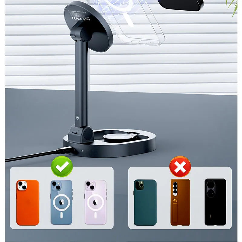 2 In 1 Magnetic Wireless Charger Stand Pad Foldable Fast Charging Station Dock For iPhone 15 14 13 Pro Max Mini Airpods Pro 2/3