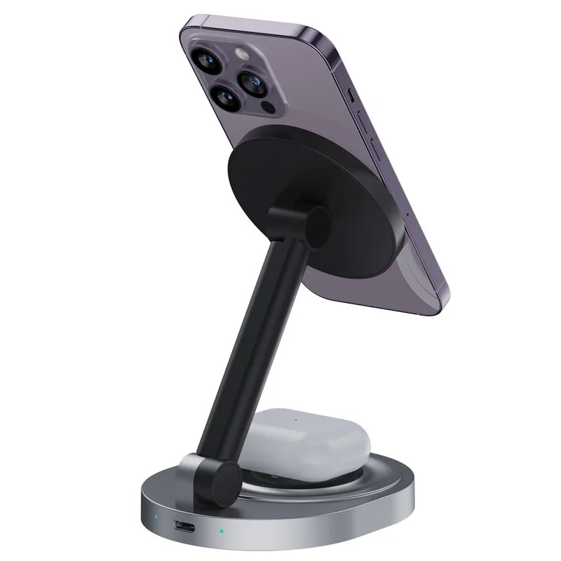 2 In 1 Magnetic Wireless Charger Stand Pad Foldable Fast Charging Station Dock For iPhone 15 14 13 Pro Max Mini Airpods Pro 2/3