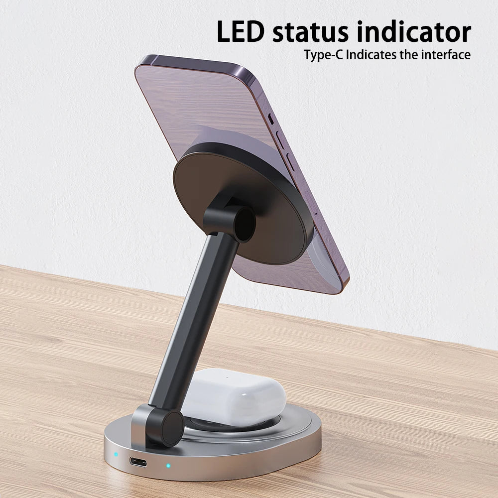 Magnetic wireless charger phone holder 2-in-1 15W fast charging station base suitable for iPhone 15 14 13 Pro Max watch AirPods