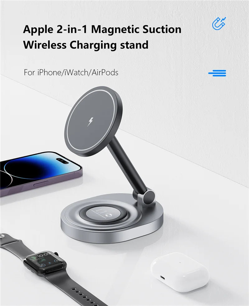 2 In 1 Magnetic Wireless Charger Stand Pad Foldable Fast Charging Station Dock For iPhone 15 14 13 Pro Max Mini Airpods Pro 2/3