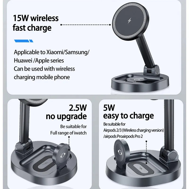 2 In 1 Magnetic Wireless Charger Stand Pad Foldable Fast Charging Station Dock For iPhone 15 14 13 Pro Max Mini Airpods Pro 2/3