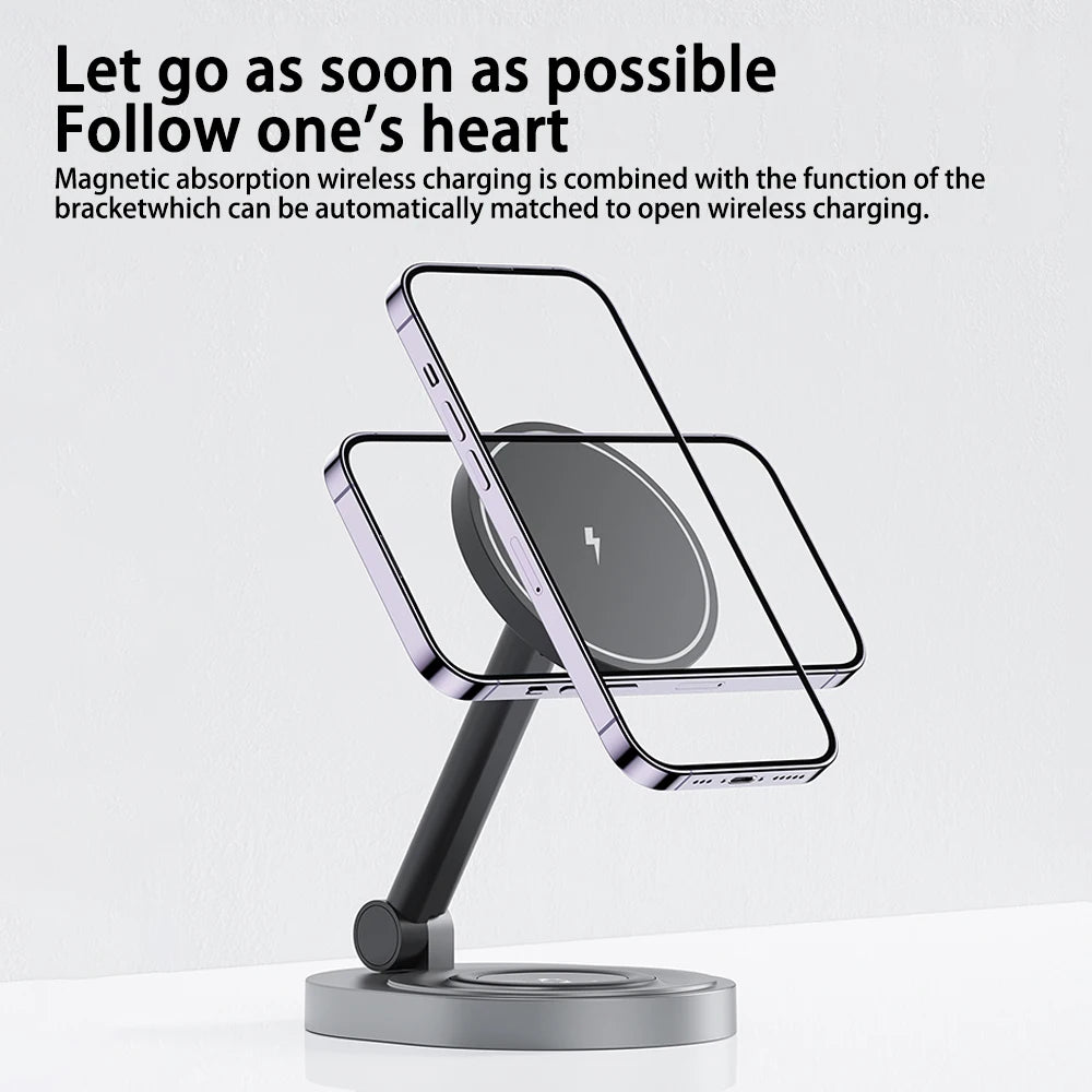 Magnetic wireless charger phone holder 2-in-1 15W fast charging station base suitable for iPhone 15 14 13 Pro Max watch AirPods