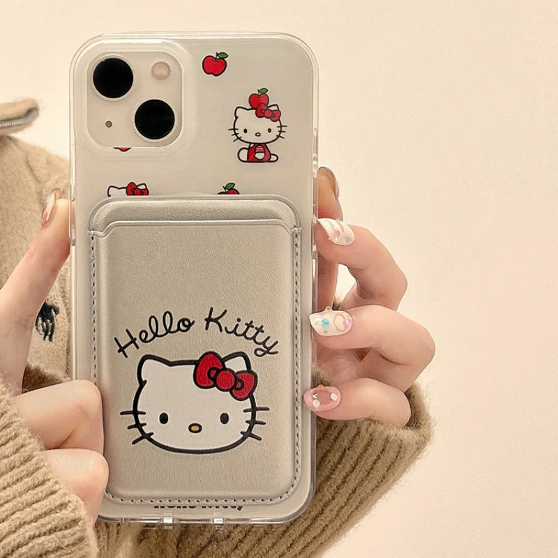 Cute Sanrio Hello Kitty Magnetic Card Wallet Holder Magsafe Wireless Charge Phone Case For iPhone 16 15 14 13 12 Pro Max Cover