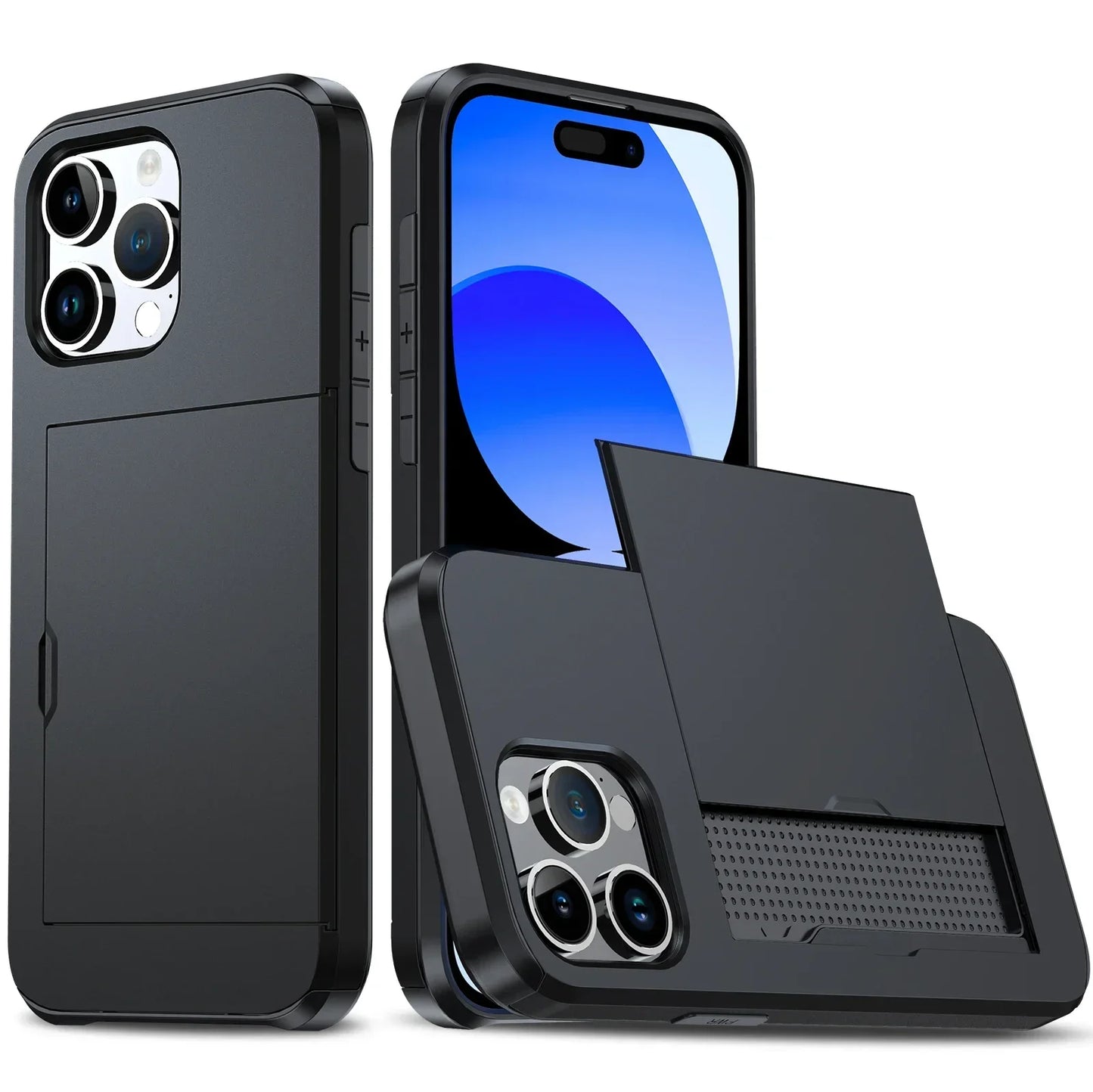 Case For iPhone 16 Pro Max 16 Plus 15 Pro 15 14 13 12 11 Wallet Card Holder Slide Slot Slim Hard PC Heavy Duty Protective Covers