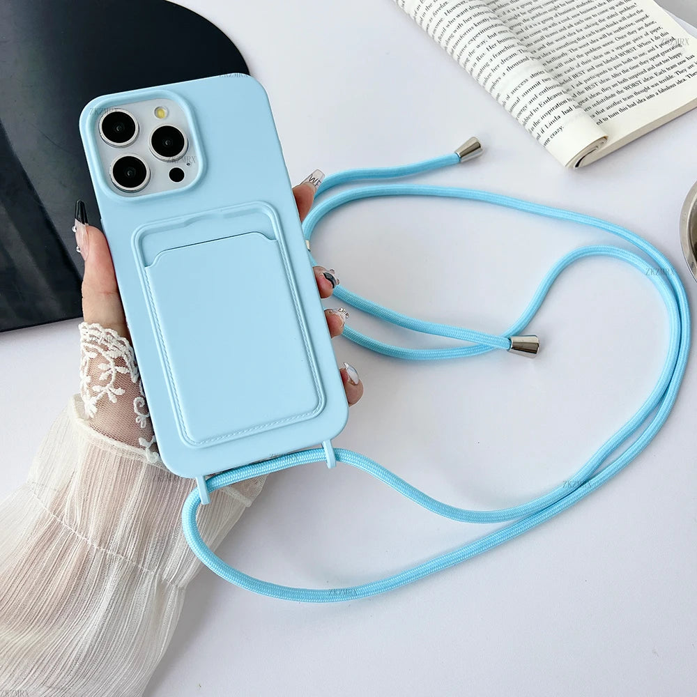 Crossbody Necklace Strap Lanyard Phone Case for IPhone 16 15 14 Plus 13 12 11 Pro Max X XS XR Silicone Card Holder Wallet Cover
