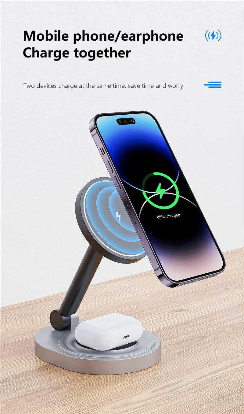 2 In 1 Magnetic Wireless Charger Stand Pad Foldable Fast Charging Station Dock For iPhone 15 14 13 Pro Max Mini Airpods Pro 2/3