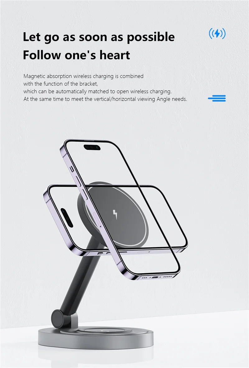 2 In 1 Magnetic Wireless Charger Stand Pad Foldable Fast Charging Station Dock For iPhone 15 14 13 Pro Max Mini Airpods Pro 2/3