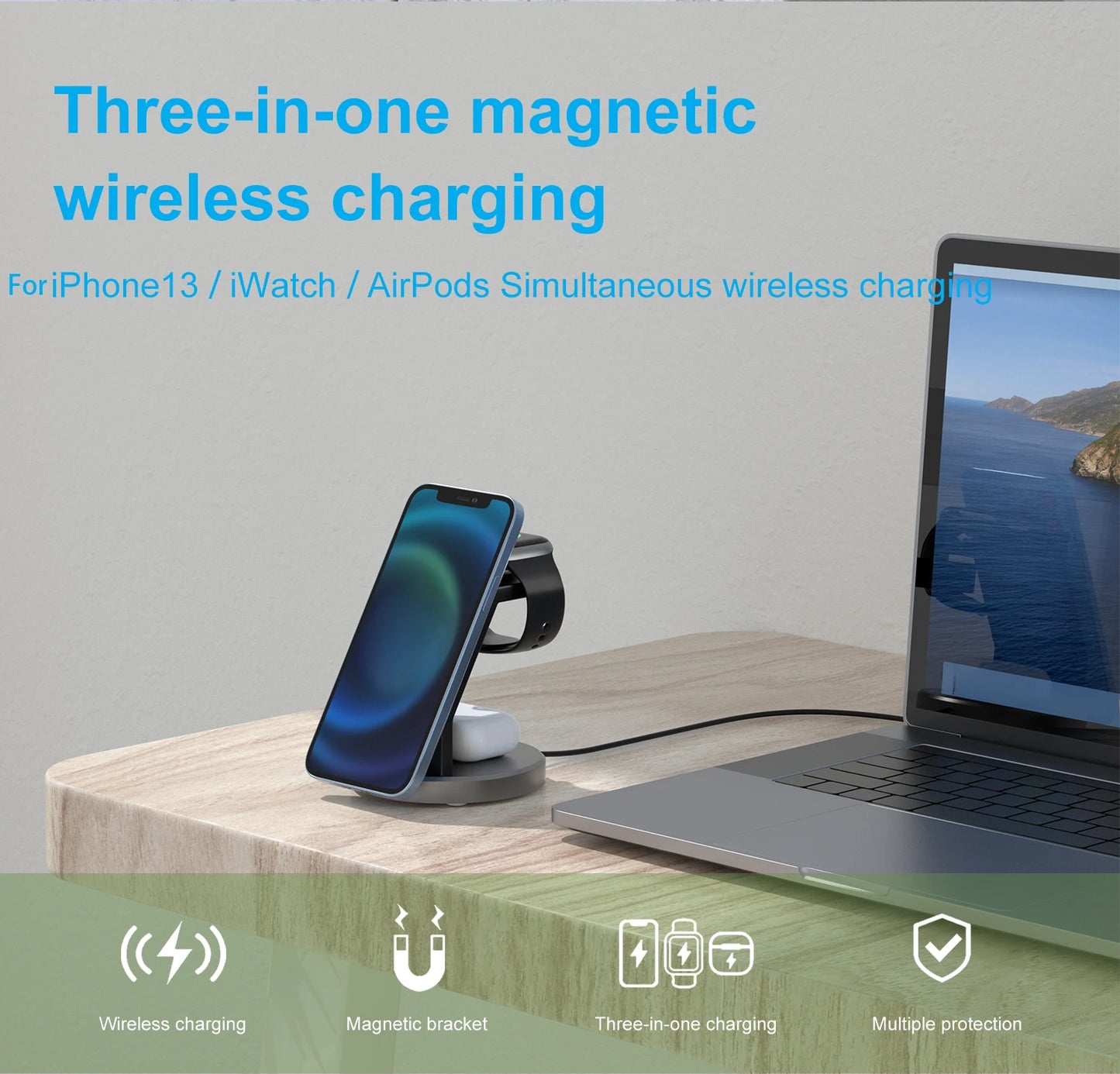 Magnetic Wireless 3in1 Charger Station 15W for Multiple Devices Wireless Charger Stand Charger Dock for Phone Smart Watch And Ea
