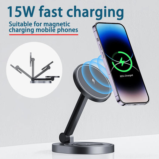 Magnetic wireless charger phone holder 2-in-1 15W fast charging station base suitable for iPhone 15 14 13 Pro Max watch AirPods