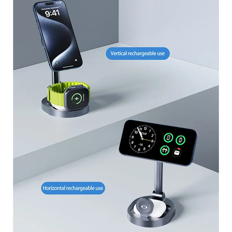 2 In 1 Magnetic Wireless Charger Stand Pad Foldable Fast Charging Station Dock For iPhone 15 14 13 Pro Max Mini Airpods Pro 2/3