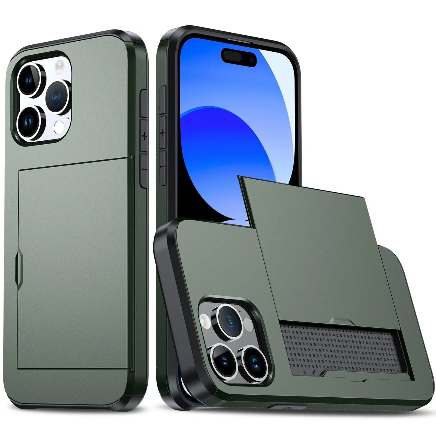 Case For iPhone 16 Pro Max 16 Plus 15 Pro 15 14 13 12 11 Wallet Card Holder Slide Slot Slim Hard PC Heavy Duty Protective Covers