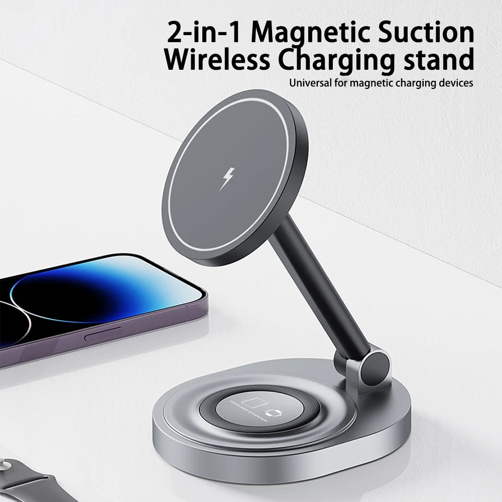 Magnetic wireless charger phone holder 2-in-1 15W fast charging station base suitable for iPhone 15 14 13 Pro Max watch AirPods