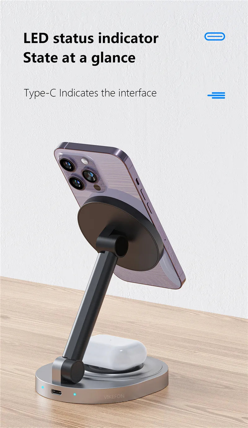 2 In 1 Magnetic Wireless Charger Stand Pad Foldable Fast Charging Station Dock For iPhone 15 14 13 Pro Max Mini Airpods Pro 2/3