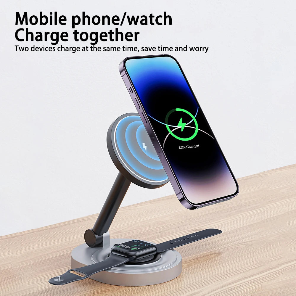 Magnetic wireless charger phone holder 2-in-1 15W fast charging station base suitable for iPhone 15 14 13 Pro Max watch AirPods