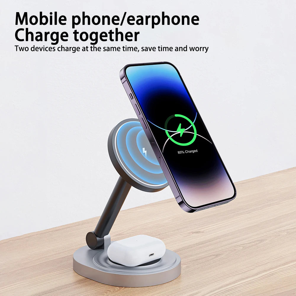 Magnetic wireless charger phone holder 2-in-1 15W fast charging station base suitable for iPhone 15 14 13 Pro Max watch AirPods