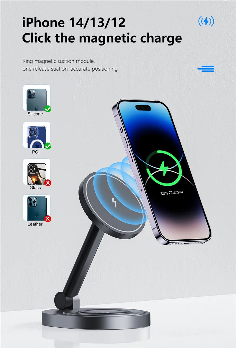 2 In 1 Magnetic Wireless Charger Stand Pad Foldable Fast Charging Station Dock For iPhone 15 14 13 Pro Max Mini Airpods Pro 2/3
