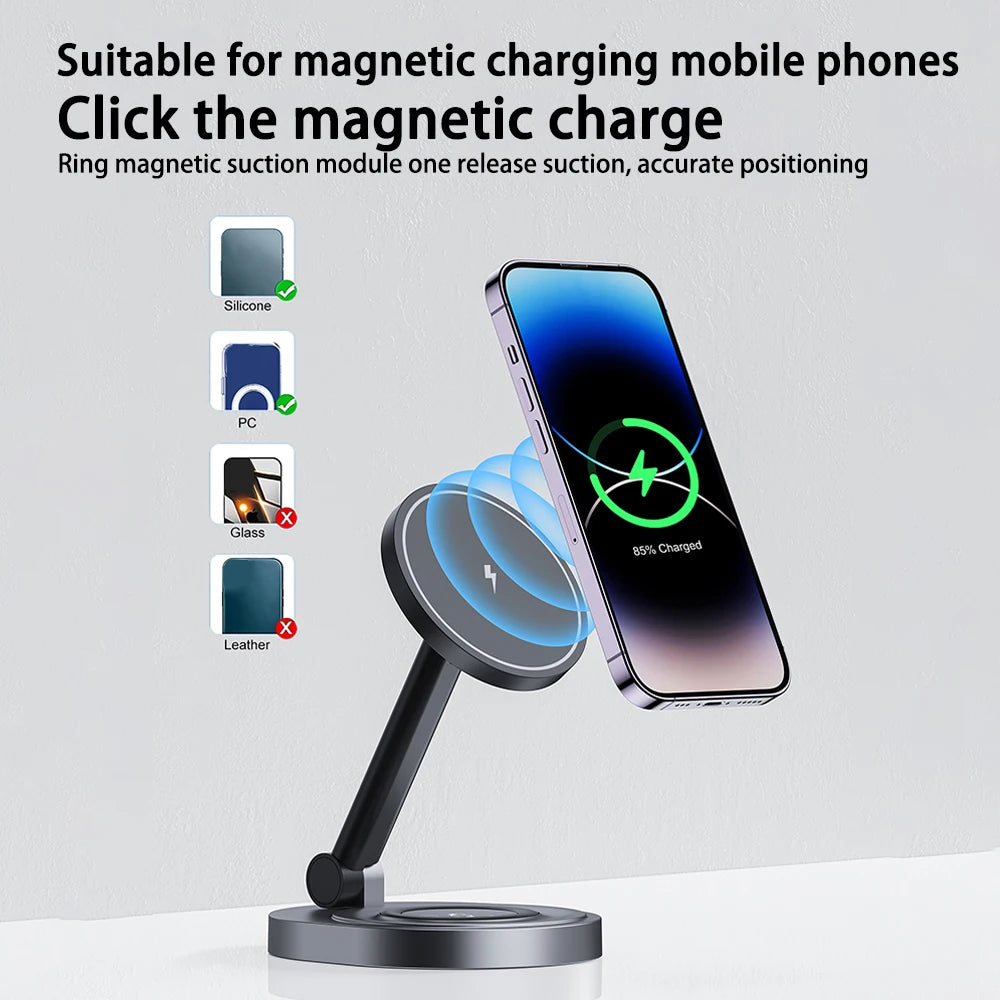 Magnetic wireless charger phone holder 2-in-1 15W fast charging station base suitable for iPhone 15 14 13 Pro Max watch AirPods