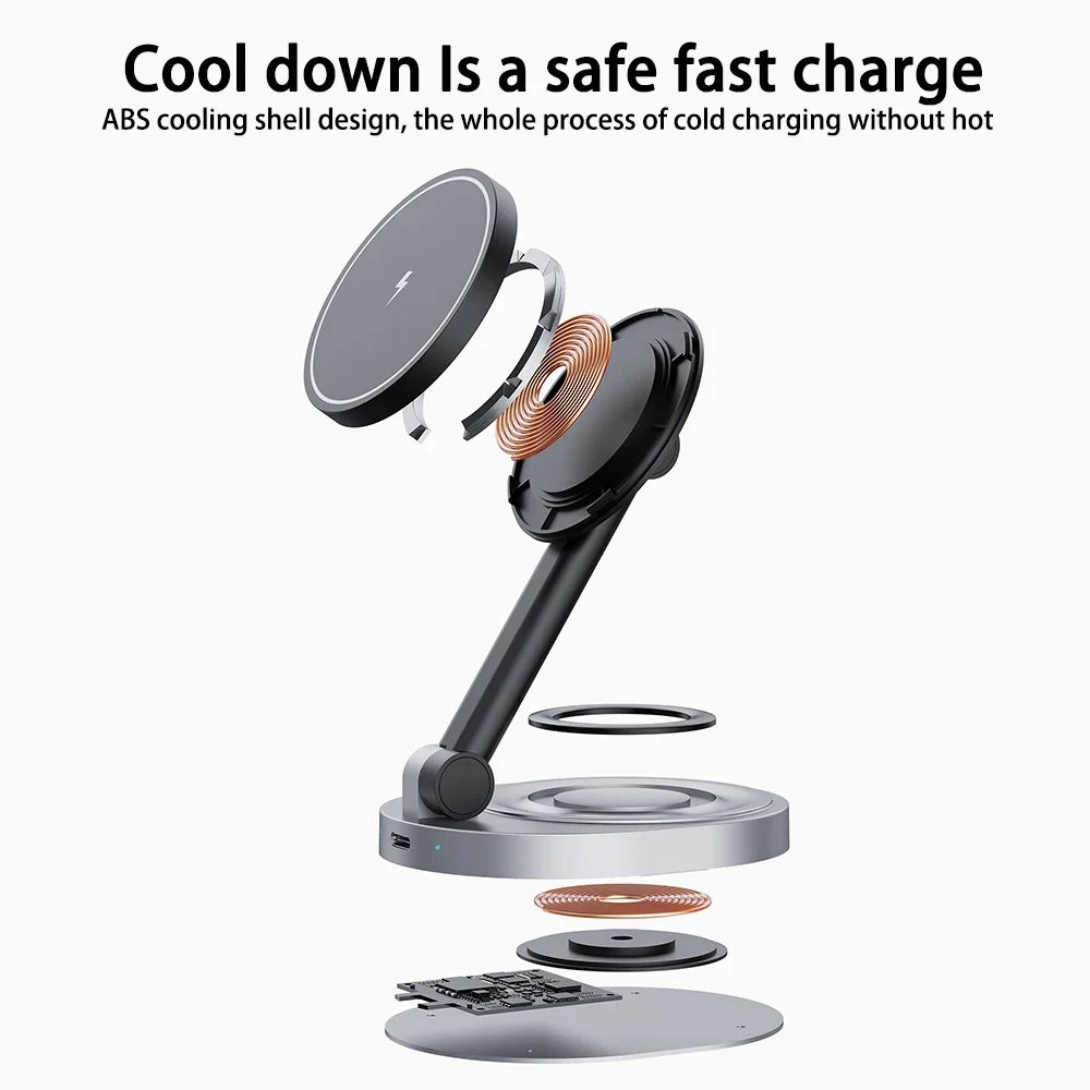 Magnetic wireless charger phone holder 2-in-1 15W fast charging station base suitable for iPhone 15 14 13 Pro Max watch AirPods