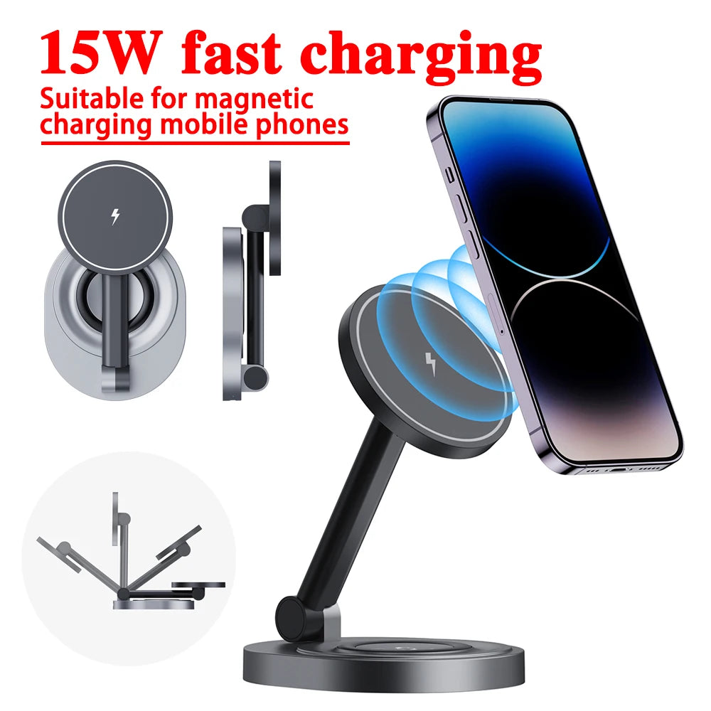 Magnetic wireless charger phone holder 2-in-1 15W fast charging station base suitable for iPhone 15 14 13 Pro Max watch AirPods