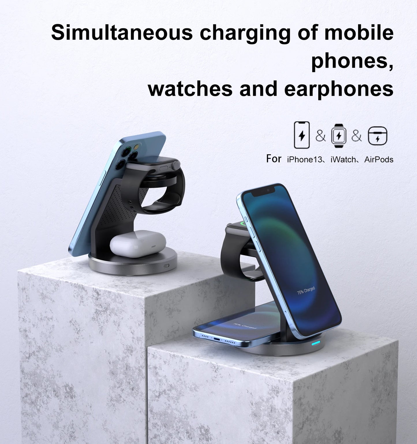 Magnetic Wireless 3in1 Charger Station 15W for Multiple Devices Wireless Charger Stand Charger Dock for Phone Smart Watch And Ea
