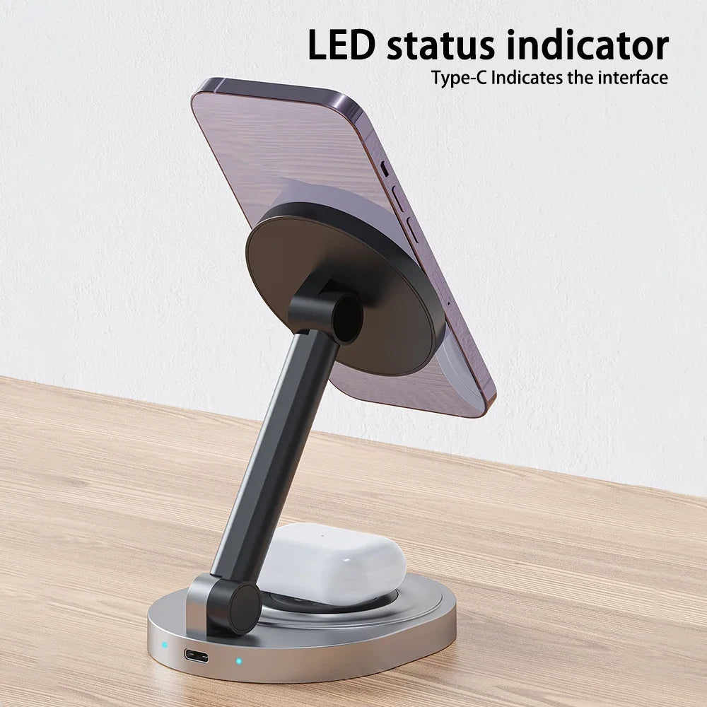 Magnetic wireless charger phone holder 2-in-1 15W fast charging station base suitable for iPhone 15 14 13 Pro Max watch AirPods