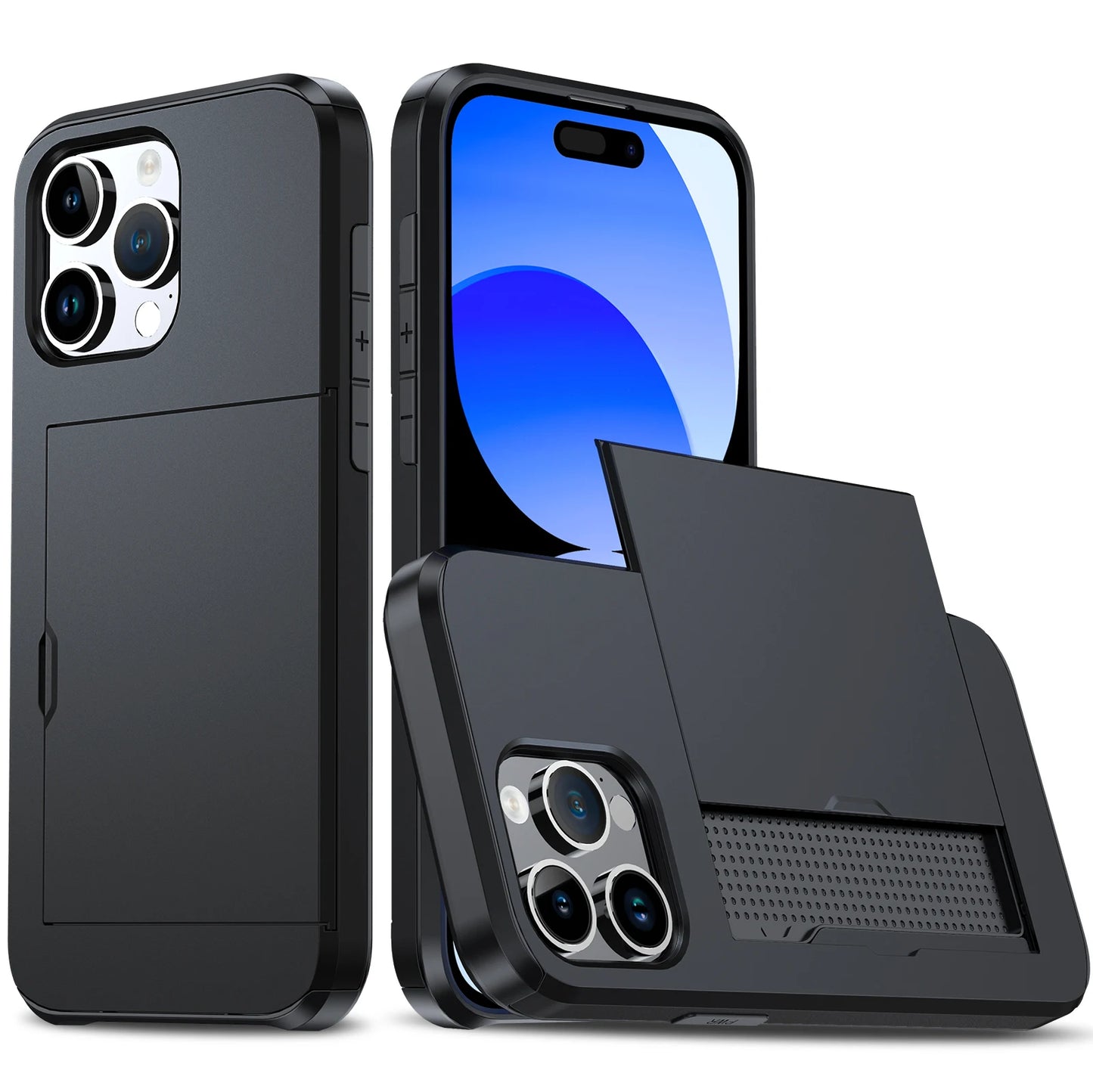 Case For iPhone 16 Pro Max 16 Plus 15 Pro 15 14 13 12 11 Wallet Card Holder Slide Slot Slim Hard PC Heavy Duty Protective Covers